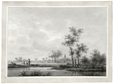 809942 Gezicht op een landschap met een kronkelende rivier en op de achtergrond het dorp Jutphaas.